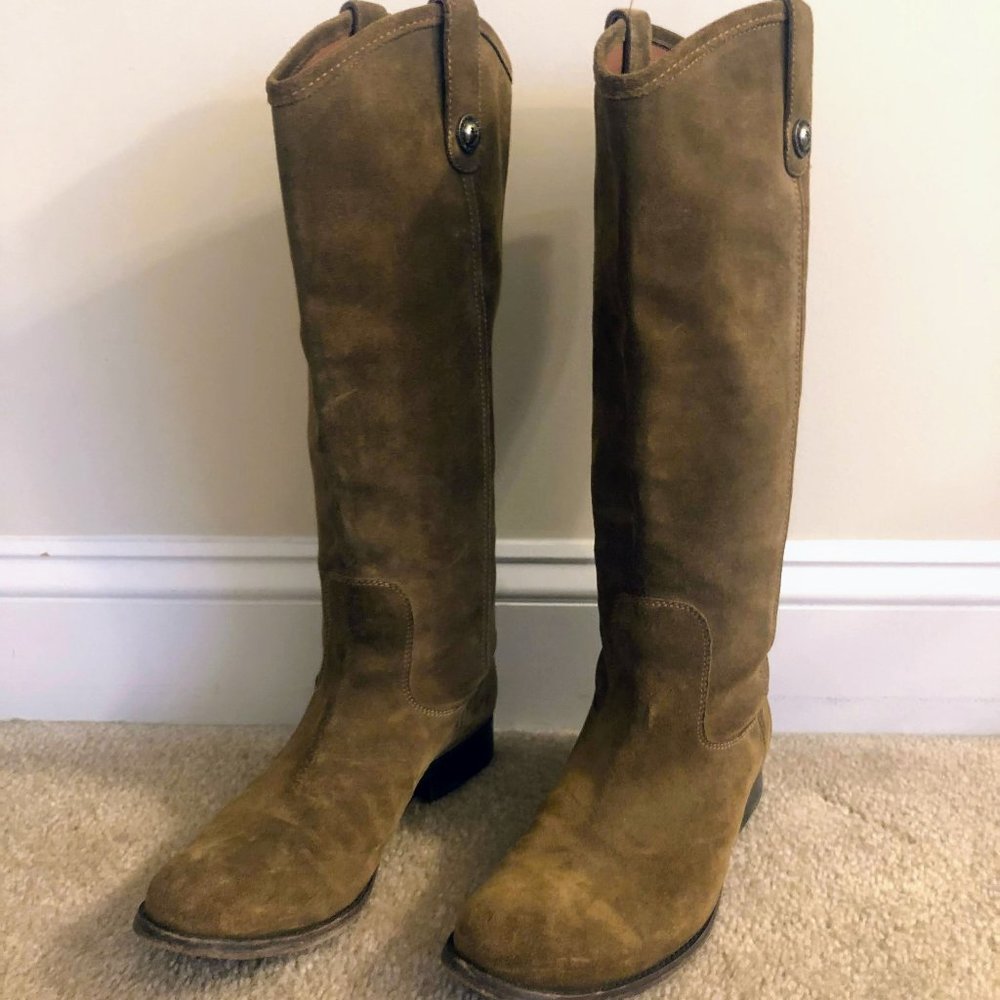 Frye Melissa Button Cashew Suede Knee High Boots